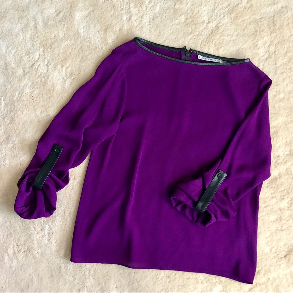 Alice & Olivia leather trim roll sleeve top
